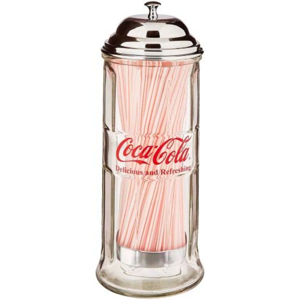 Vintage Coca Cola Straw Dispenser Glass Holder Jar Coke Bottle Soda Drink Diner